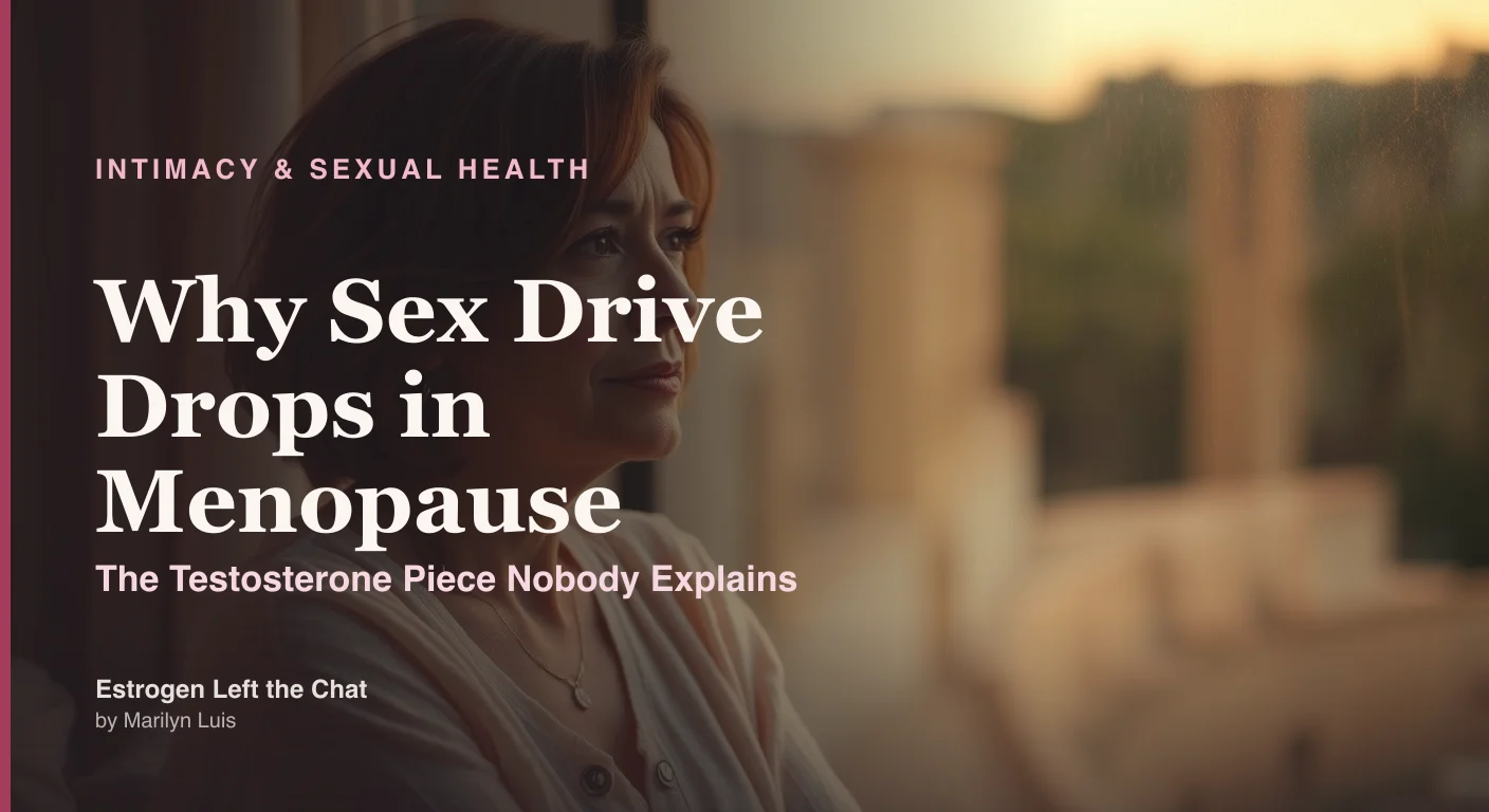 Woman in her 40s reflecting quietly, representing the testosterone-driven decline in sexual desire during menopause