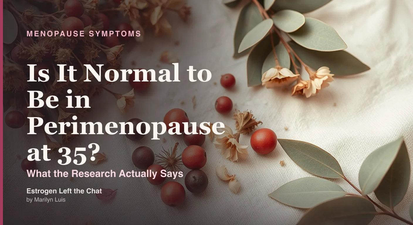 Soft editorial still life with warm cream and berry tones representing early hormonal transition in women in their mid-thirties