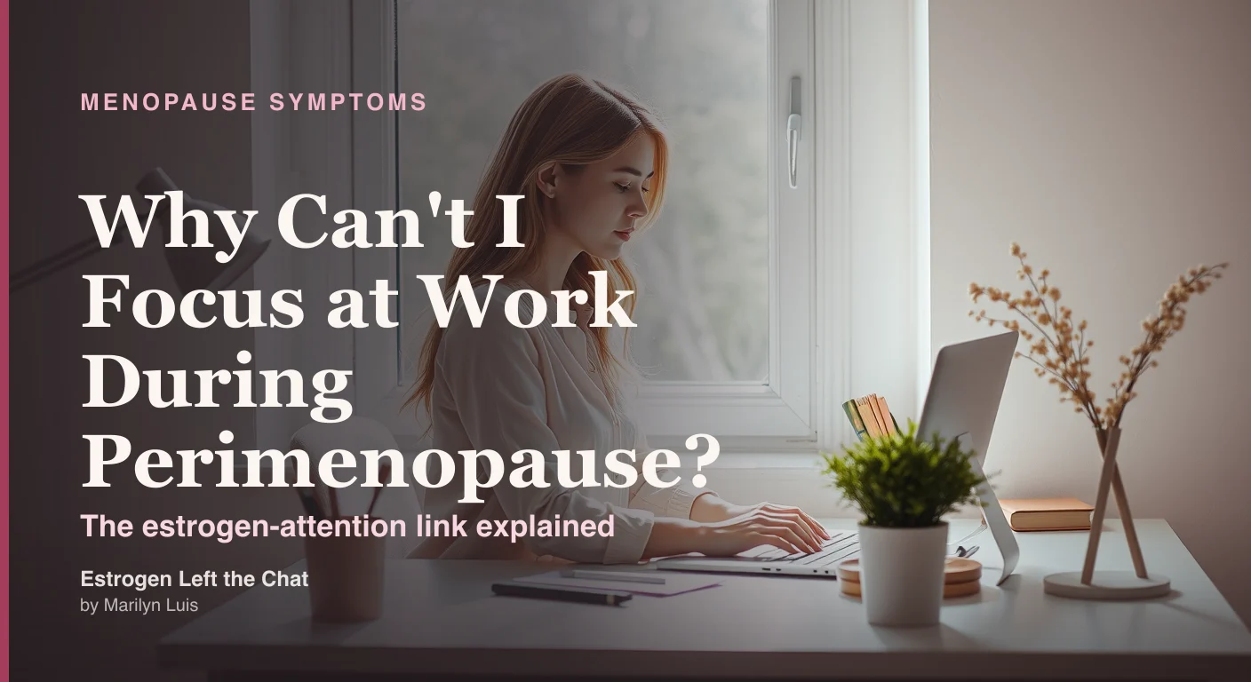 Woman in her 40s sitting at a desk looking thoughtfully out a window in a soft cream and berry editorial setting, representing difficulty concentrating at work during perimenopause
