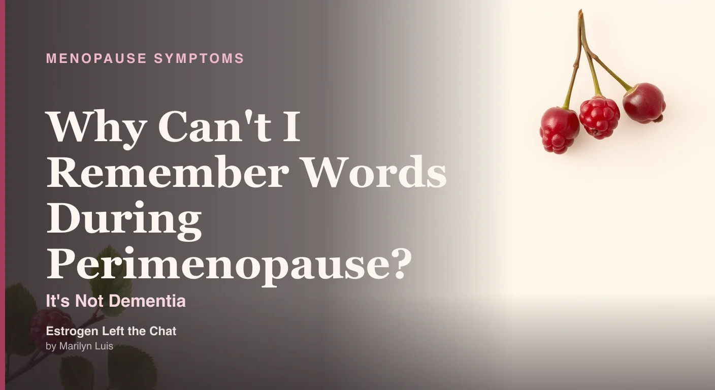 Woman in her 40s looking thoughtfully upward in a soft cream and berry editorial setting, representing word-finding difficulty and tip-of-the-tongue moments in perimenopause