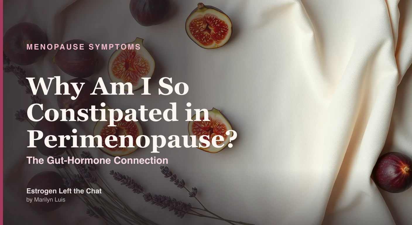 Woman in her 40s holding a warm mug in a softly lit kitchen against a cream and berry editorial background, representing perimenopause gut health and constipation symptoms