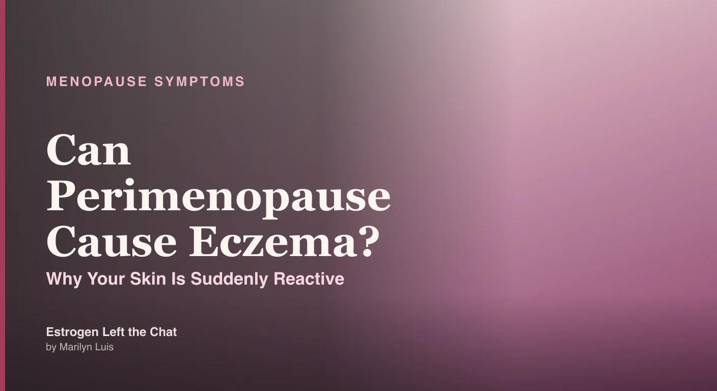 Woman gently touching dry itchy forearm skin against a soft cream and berry editorial background, representing perimenopause eczema and skin reactivity