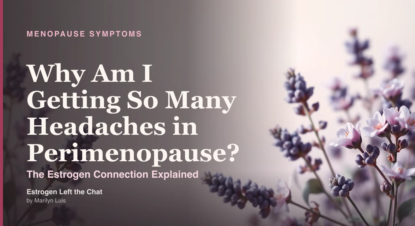 Woman resting her hand on her forehead in soft lavender light, representing perimenopause headaches