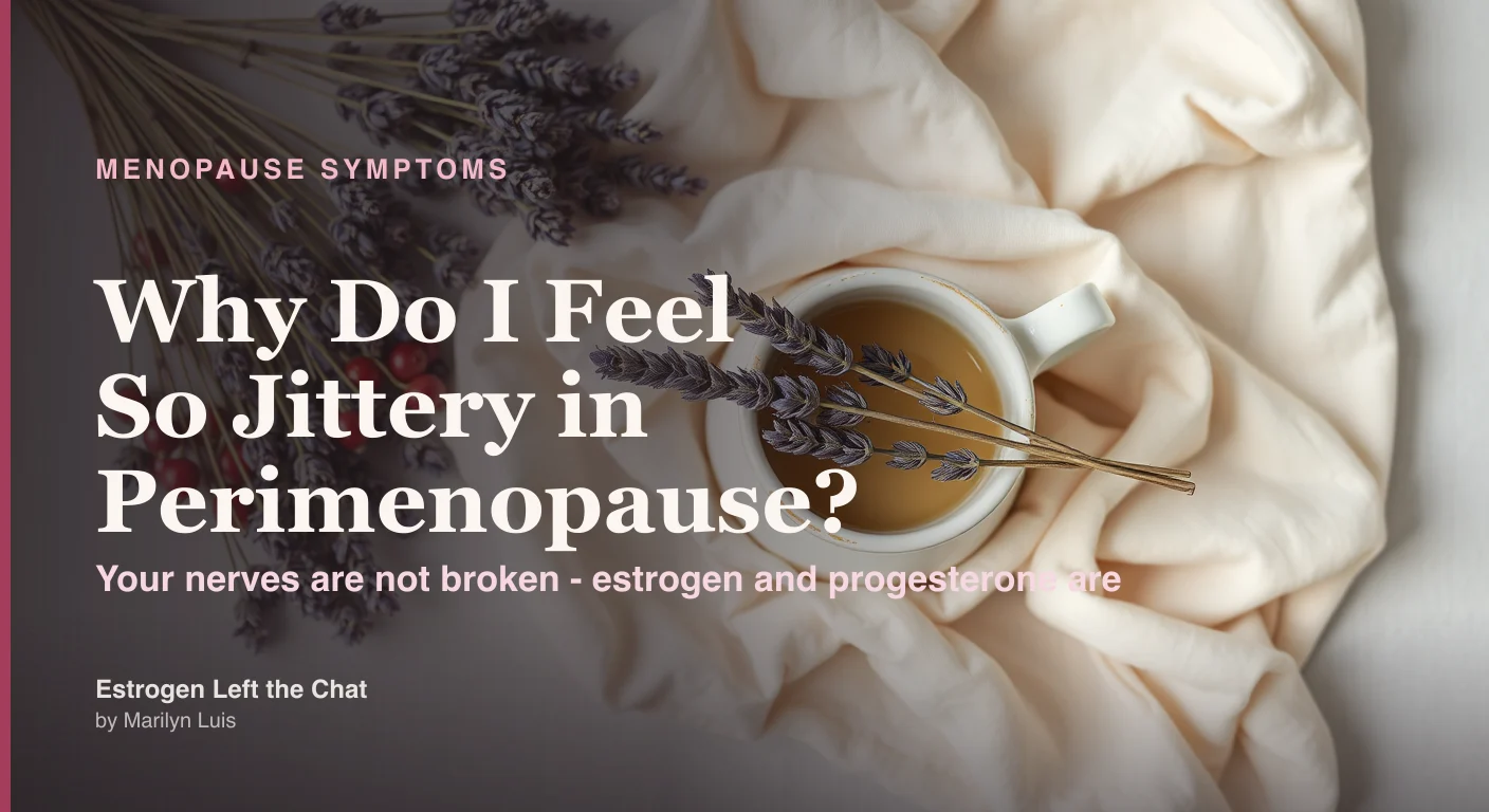 Calm editorial flat lay of a warm cup of herbal tea, loose lavender and soft linen on a cream background representing nervous system calm during perimenopause