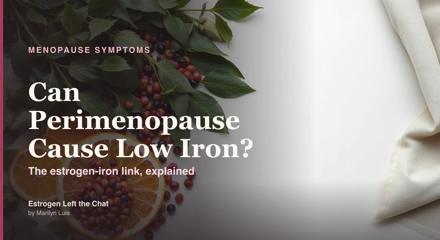 Calm editorial flat lay of dark leafy greens, lentils, and sliced citrus on warm cream linen, representing iron-rich nutrition during perimenopause