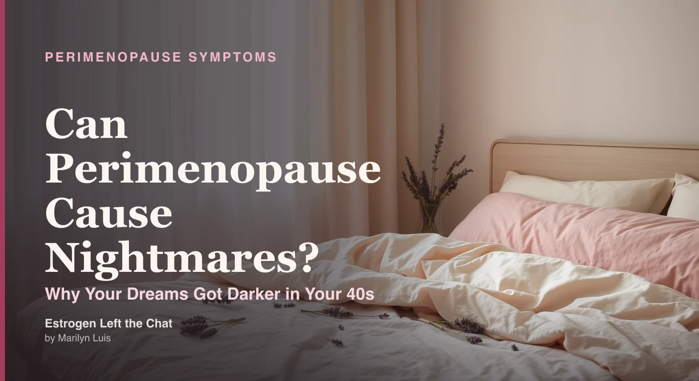 Woman lying awake at night looking distressed, representing perimenopause nightmares and disrupted sleep