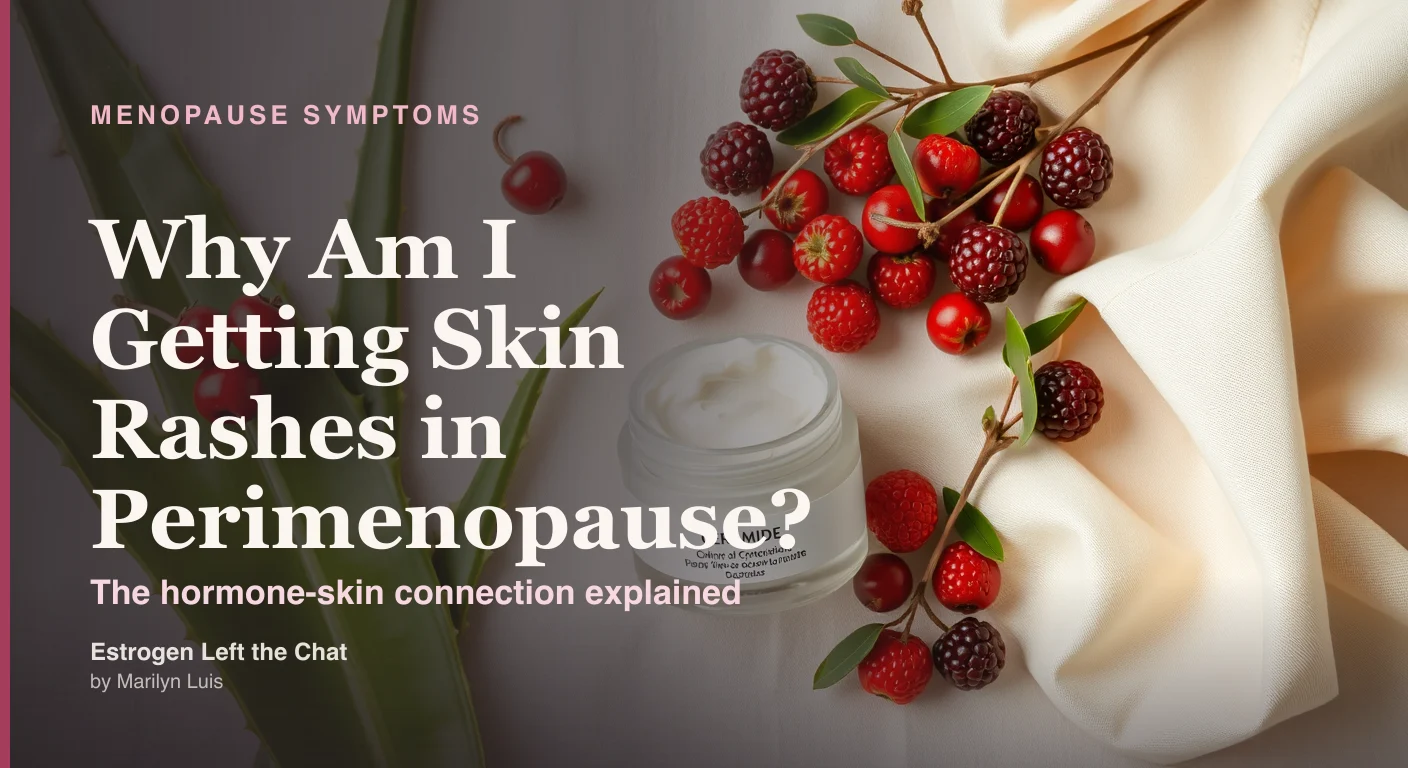 Calm editorial flat lay of fresh aloe vera leaf, soft botanical berries, and a small pot of ceramide cream on cream linen representing skin soothing during perimenopause