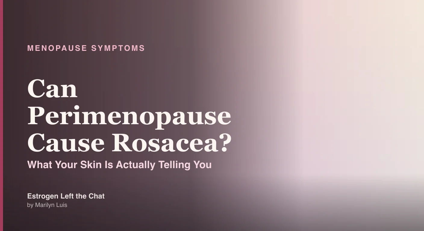 Woman with naturally flushed central facial redness against a soft cream and berry background, representing perimenopause rosacea skin changes
