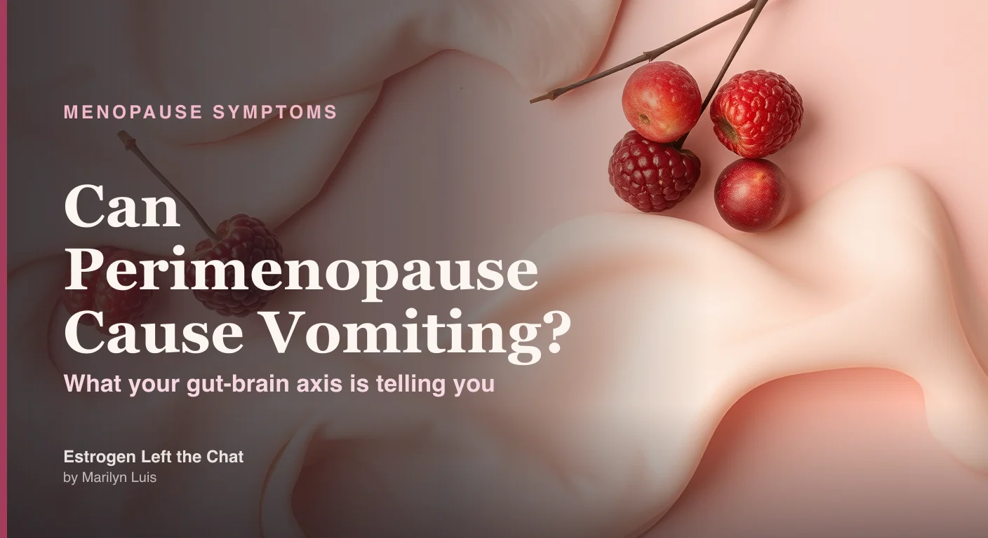 Woman in her 40s sitting on a couch with a glass of water against a soft cream and berry editorial background, representing nausea and stomach upset during perimenopause