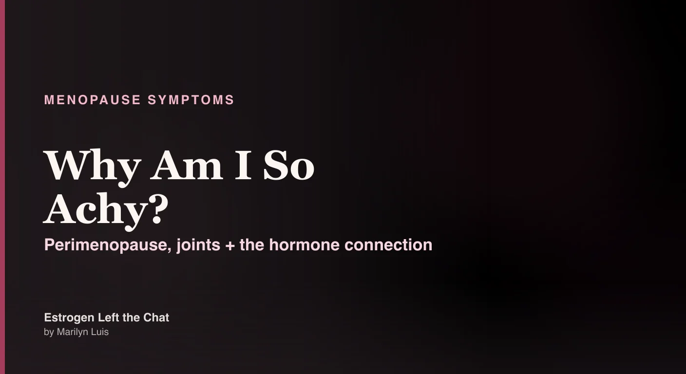 Woman in her 40s gently holding her wrist with a thoughtful expression, soft cream and berry tones, representing perimenopause joint pain and body aches