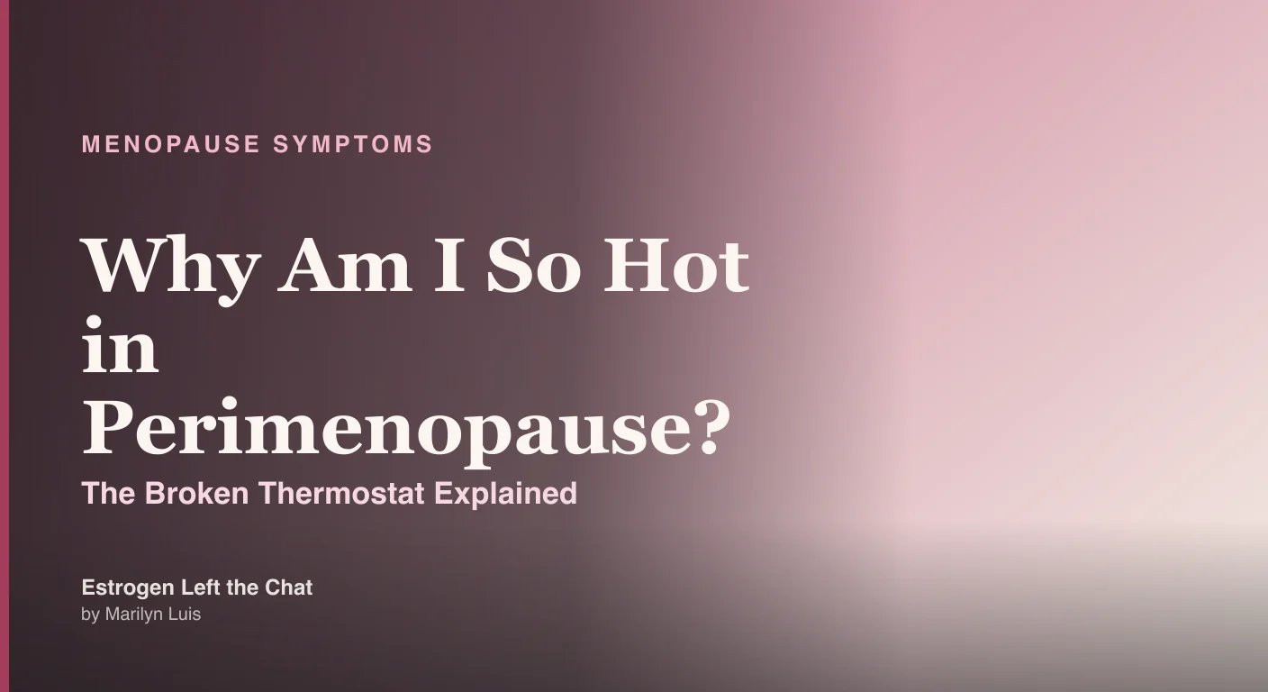 Woman in her 40s fanning herself in a cool room, looking flushed but composed, soft cream and berry tones, representing perimenopause heat sensitivity and hot flashes