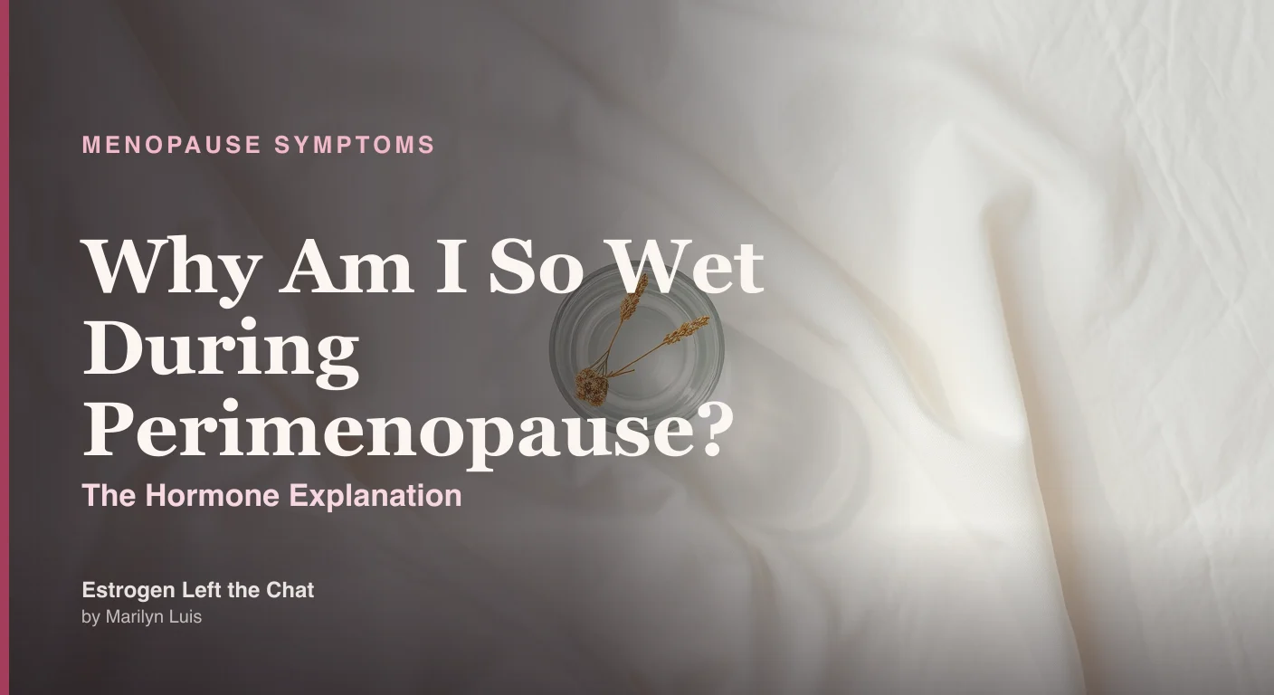 Calm editorial flat lay of soft white cotton fabric, a small glass of water, and botanicals on a cream and blush background representing hormonal changes during perimenopause