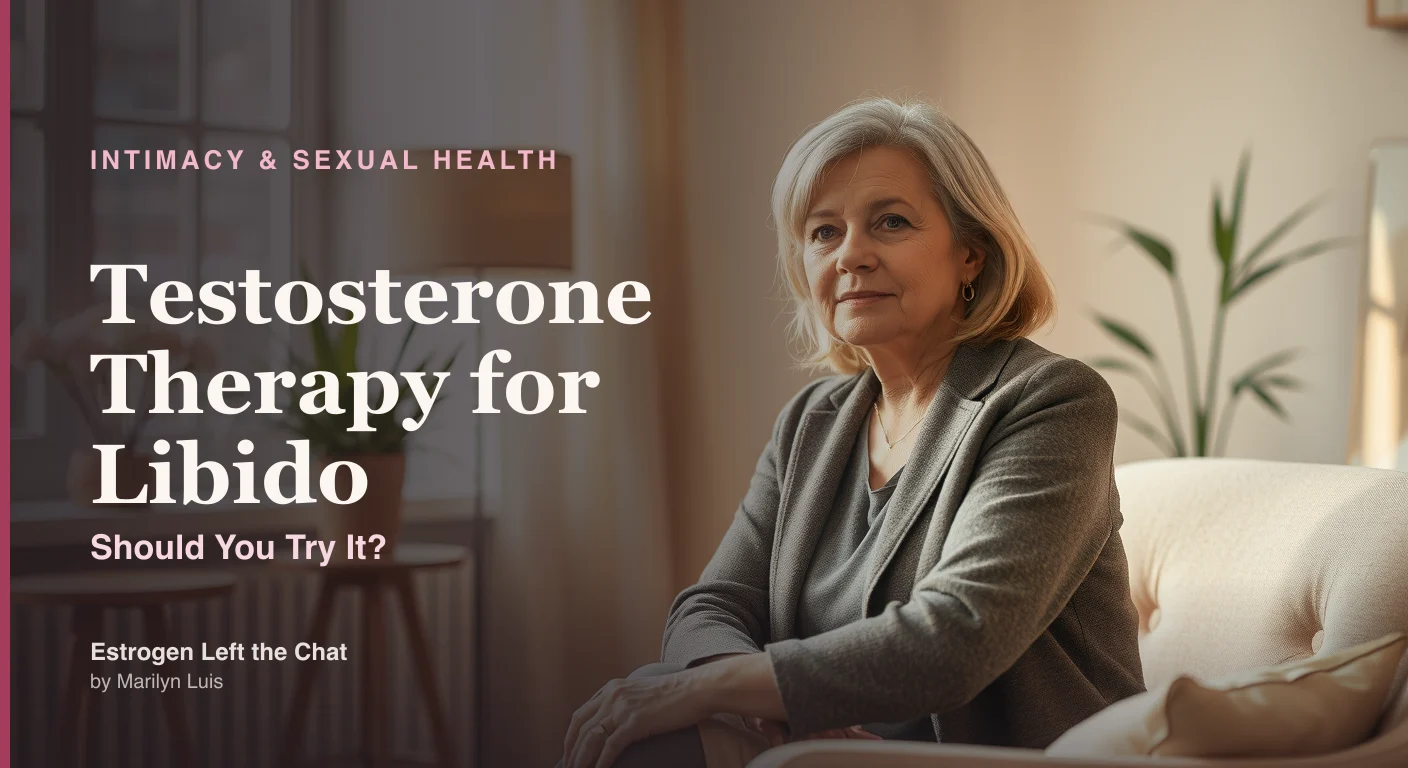 Woman in her 40s in a consultation setting, representing the decision process around testosterone therapy for low libido in menopause