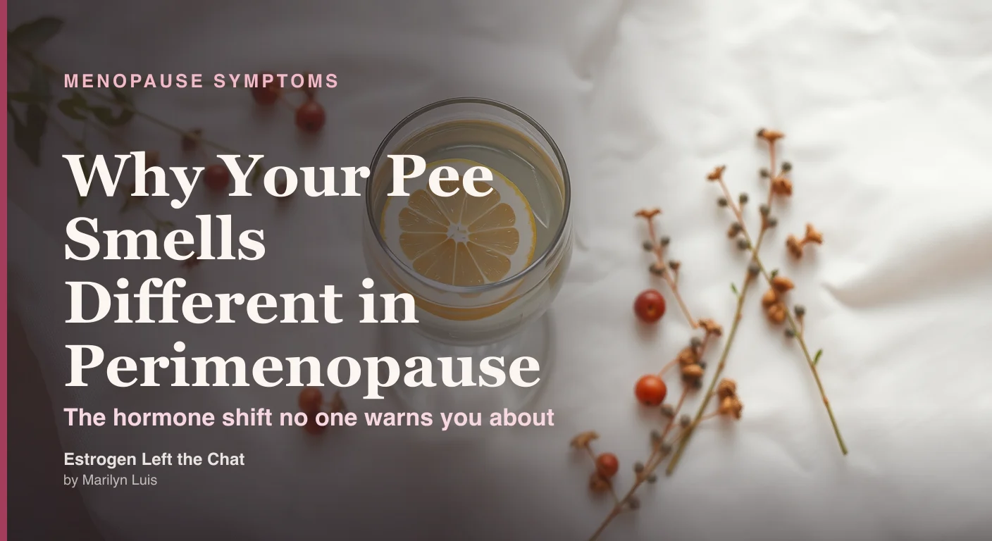 Editorial flat-lay of water glass and botanical herbs representing urogenital health in perimenopause