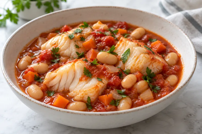 Tomato-Poached Cod with White Beans