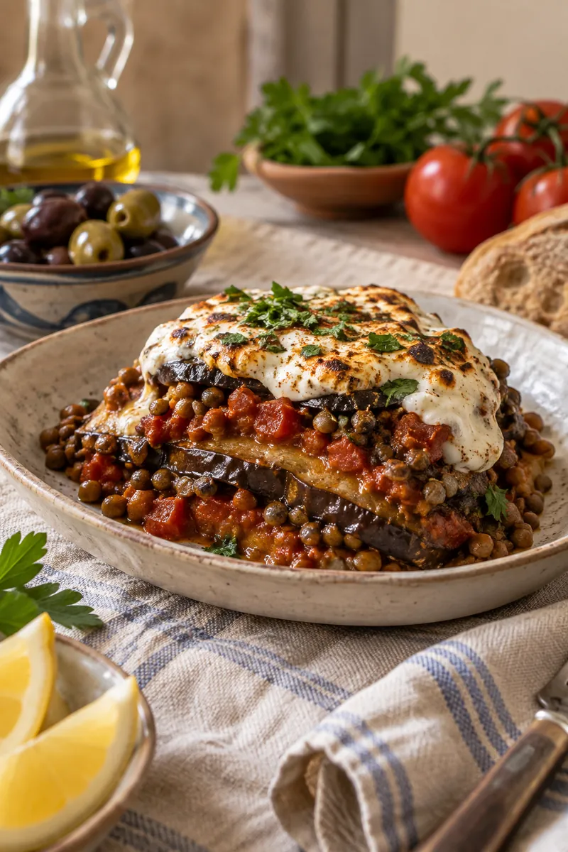 Eggplant, Tomato, and Lentil Moussaka Bowl