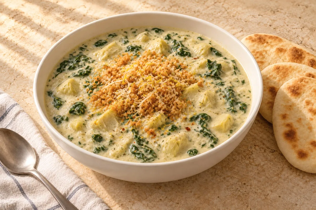 A creamy pale soup flecked with green spinach and chunks of artichoke heart, a generous crown of golden garlic Parmesan crumbs and a little lemon zest on top, warm yogurt flatbreads beside it for dipping.