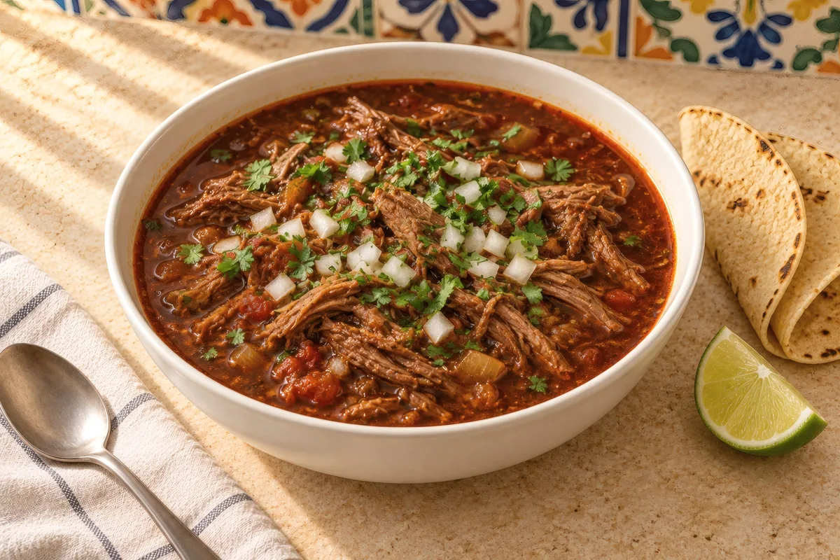 A wide bowl of brick-red birria broth with shredded beef, topped with chopped white onion, cilantro and a lime wedge, warm corn tortillas folded beside it, colorful tile background.