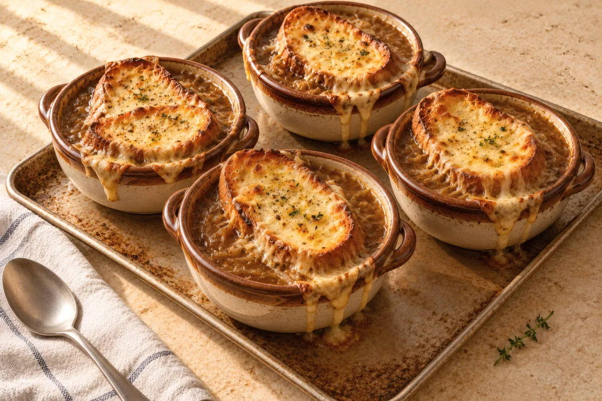 Oven-safe soup bowls of dark golden French onion soup on a sheet pan, each topped with toasted baguette and bubbling, browned Gruyère melting over the rim, thyme sprigs nearby.