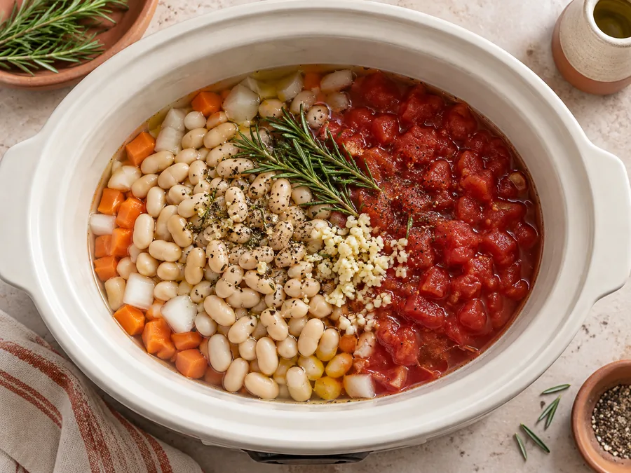White Bean, Tomato, and Rosemary Stew: Put the carrot and onion at the bottom