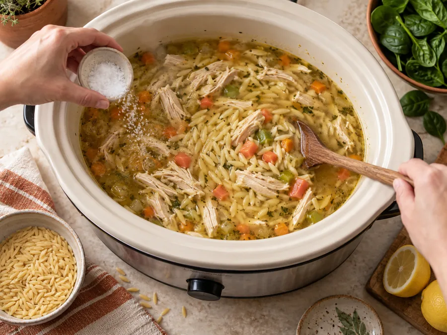 Chicken, Orzo, and Spinach Soup: Stir in the measured salt