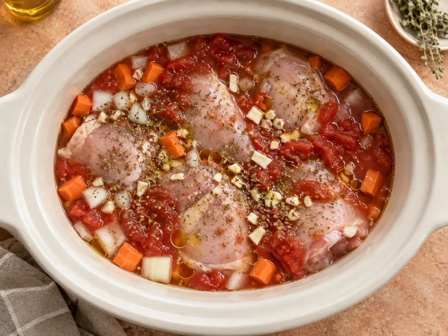 Tomato-Braised Chicken with Olives: Put the carrot and onion into the bowl
