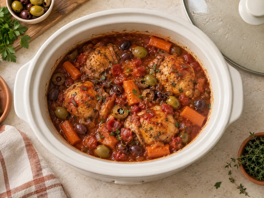 Tomato-Braised Chicken with Olives: Cover and cook on LOW