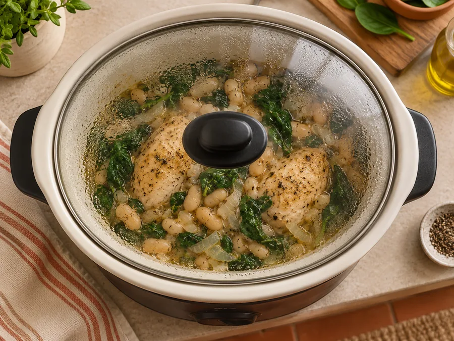 Chicken, White Bean, and Spinach Bowl: Cover and cook on LOW