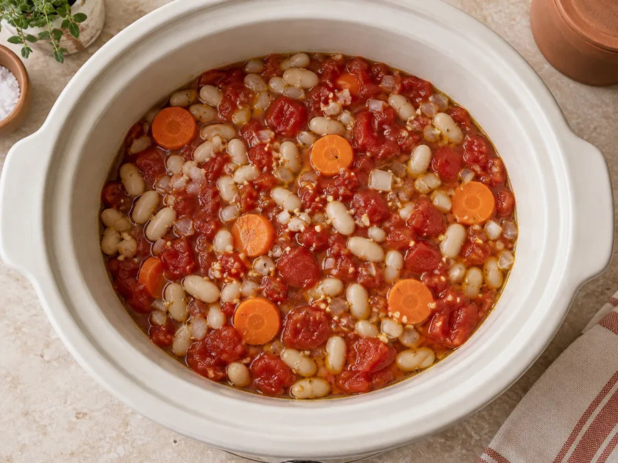 Tomato-Poached Cod with White Beans: Combine beans