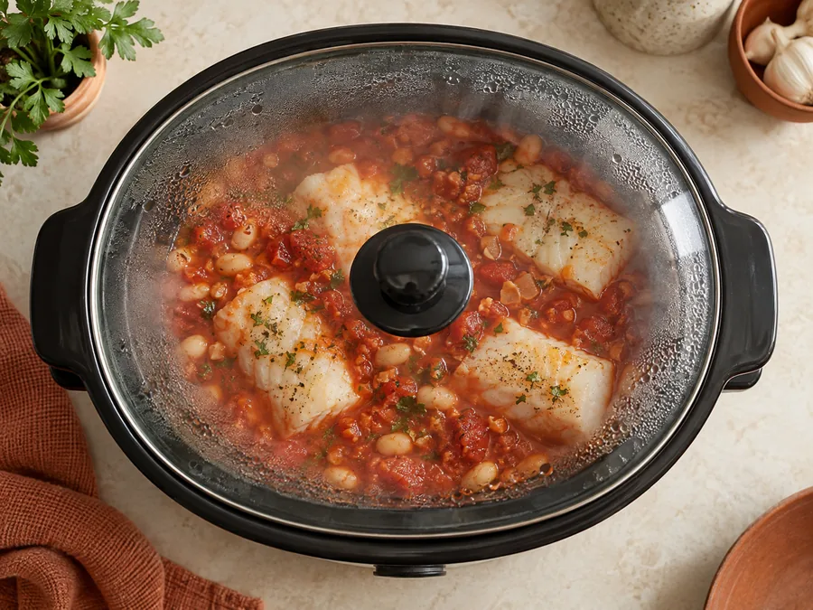 Tomato-Poached Cod with White Beans: Switch to HIGH and wait until the base is steaming hot