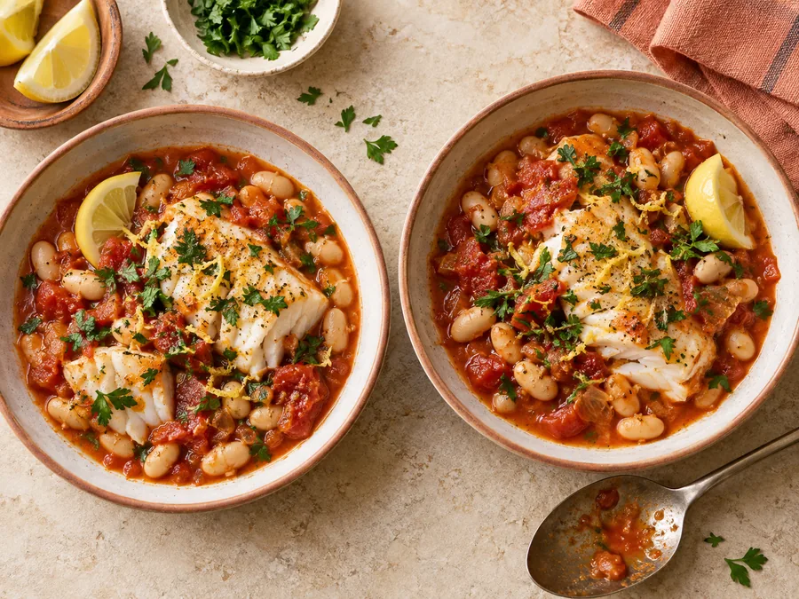 Tomato-Poached Cod with White Beans: Stir in the measured salt