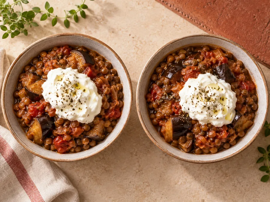 Eggplant, Tomato, and Lentil Moussaka Bowl: Stir in the salt