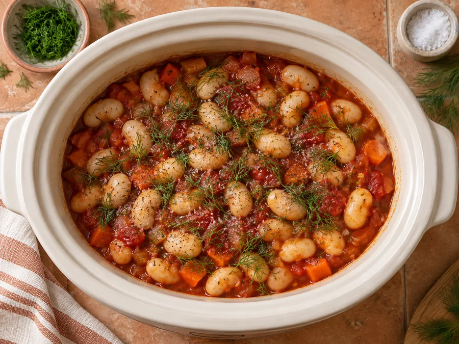 Tomato-Braised Gigantes-Style Beans: Add salt and dill