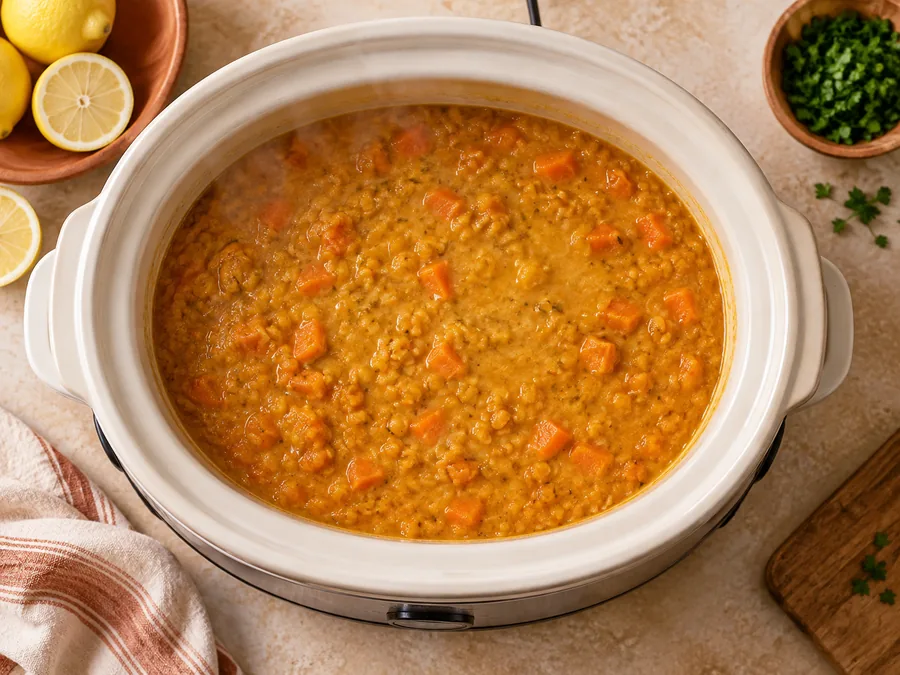 Red Lentil Soup with Lemon: Cook on LOW until the lentils have collapsed and the carrots are soft
